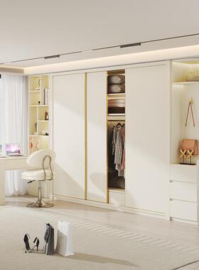 E0欧松板暖白色推拉门衣柜书桌木体组合奶油卧室家风一用实NYK大