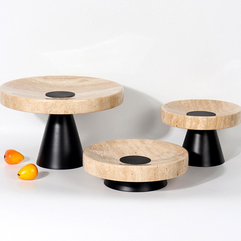 法式轻奢黄洞石圆形果盘侘寂中古家居样板房O酒店桌面收纳托盘摆