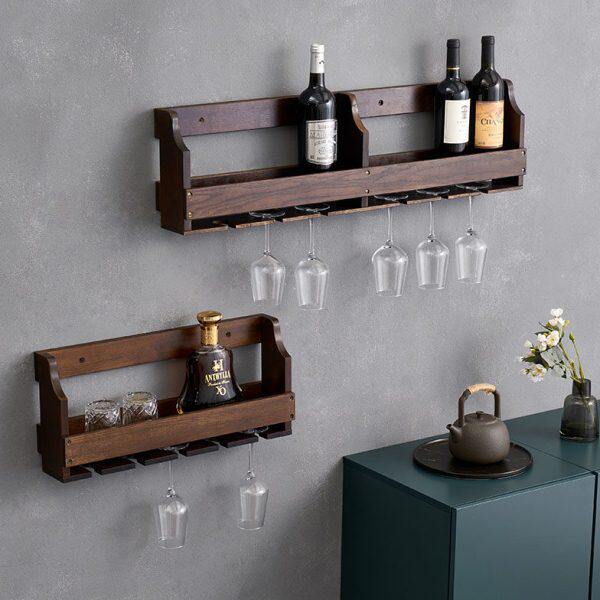 实木墙上置物架酒架壁挂现代简约橡木红酒架子黑胡桃木酒柜收纳架