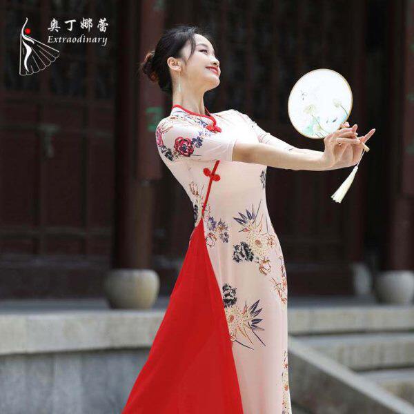 东方舞中国风旗袍古典舞演出服装大码走秀短款旗袍古典舞练功服女