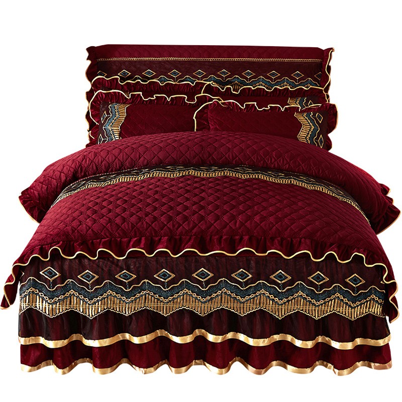 全套夹棉加厚床裙款四件套水晶绒保暖牛奶珊瑚绒双面Y加绒被套冬