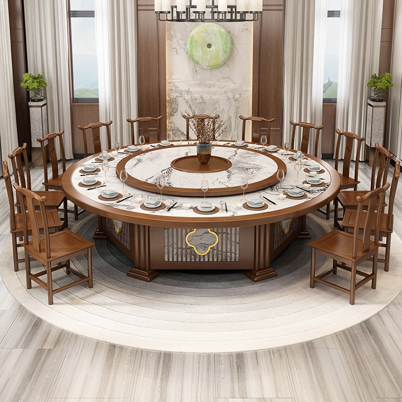 W7酒店电动岩板餐桌椅组合20人新中式轻奢实木大圆桌饭店会所火锅