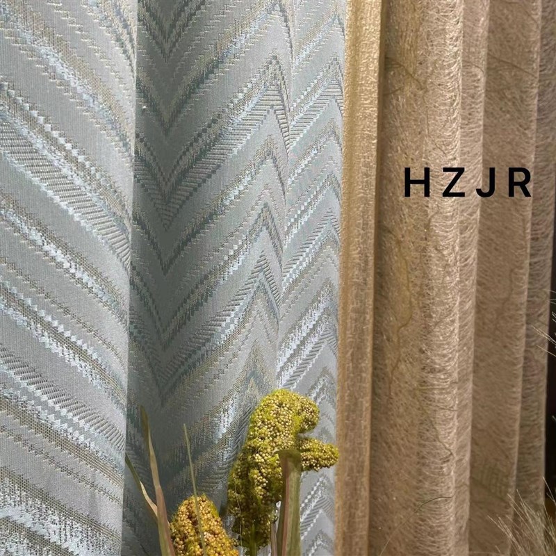 2022厂家新款冰川蓝高精密面料轻奢人字纹垂直帘金丝叶子蚕丝纱帘