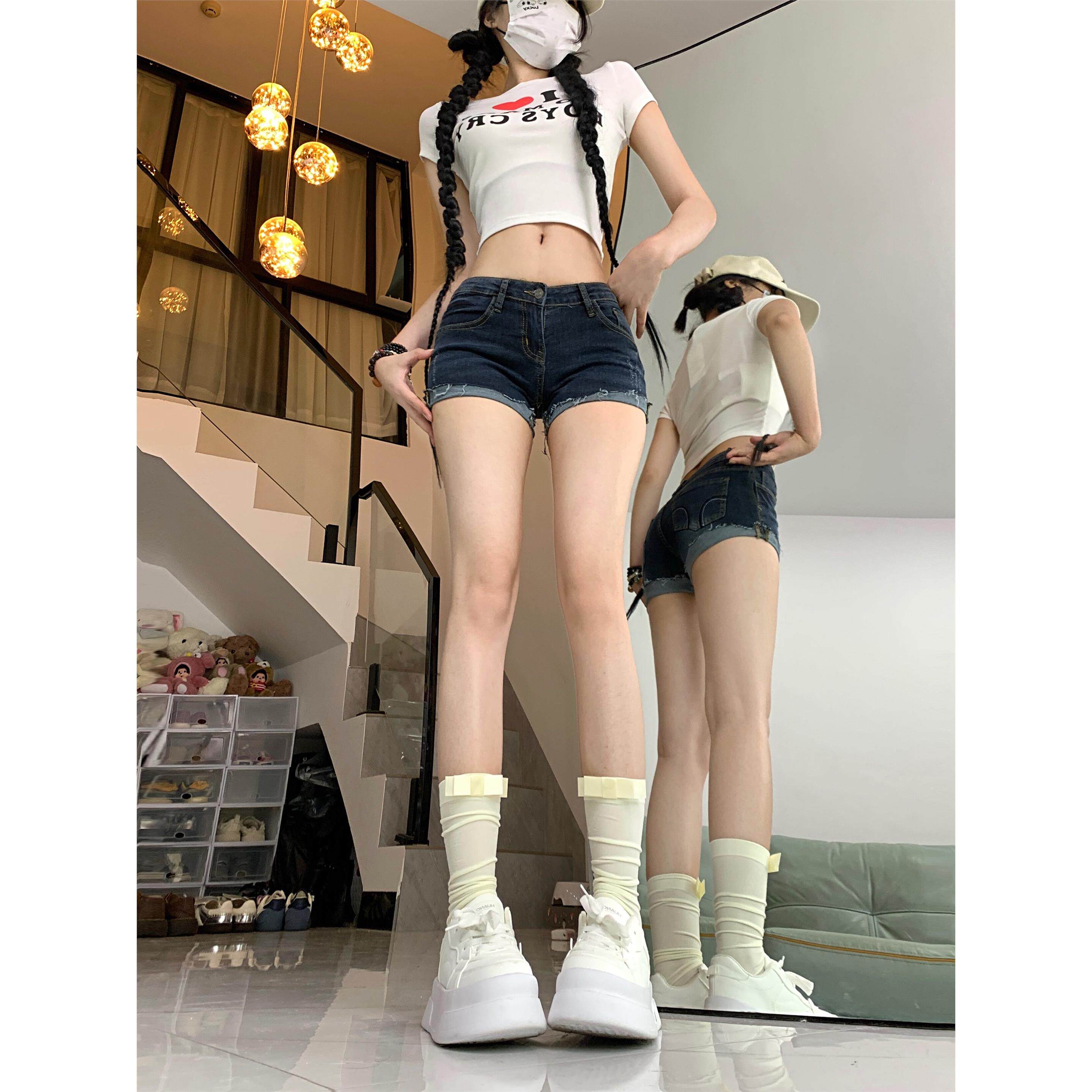 夏季大尺码胖mm牛仔短裤女超低腰露脐弹力紧身显瘦包臀千禧卷边热