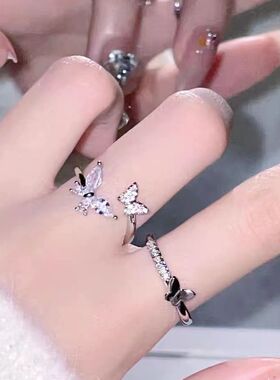 简约浪漫微镶锆石蝴蝶开口戒指女