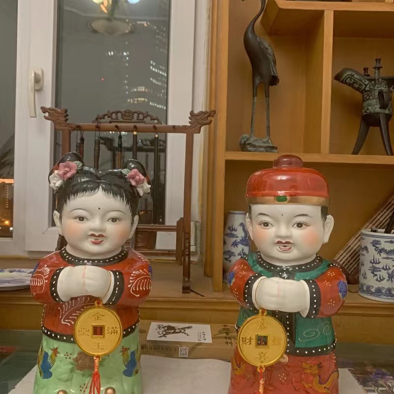 童男童女殡葬用品喜庆陶瓷工艺品金童玉女善财童子装饰摆件下葬品