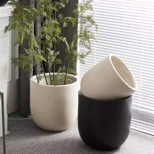 手工镁泥落地花盆极简酒杯型大口黑金刚花器客厅民宿商场别墅摆件