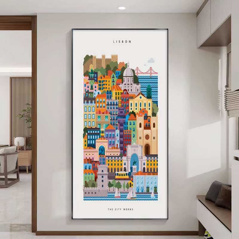 现代彩色城市建筑特色进门玄关装饰画客厅抽象墙面画走廊过道挂画