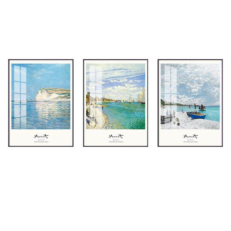 莫奈客厅装饰画世界名画风景油画日出印象睡莲挂画墙壁壁画三联画