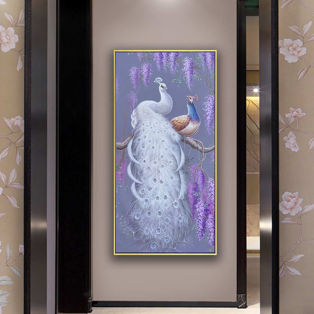 新中式手绘孔雀油画玄关装饰画客厅挂画美式过道竖版高端入户壁画