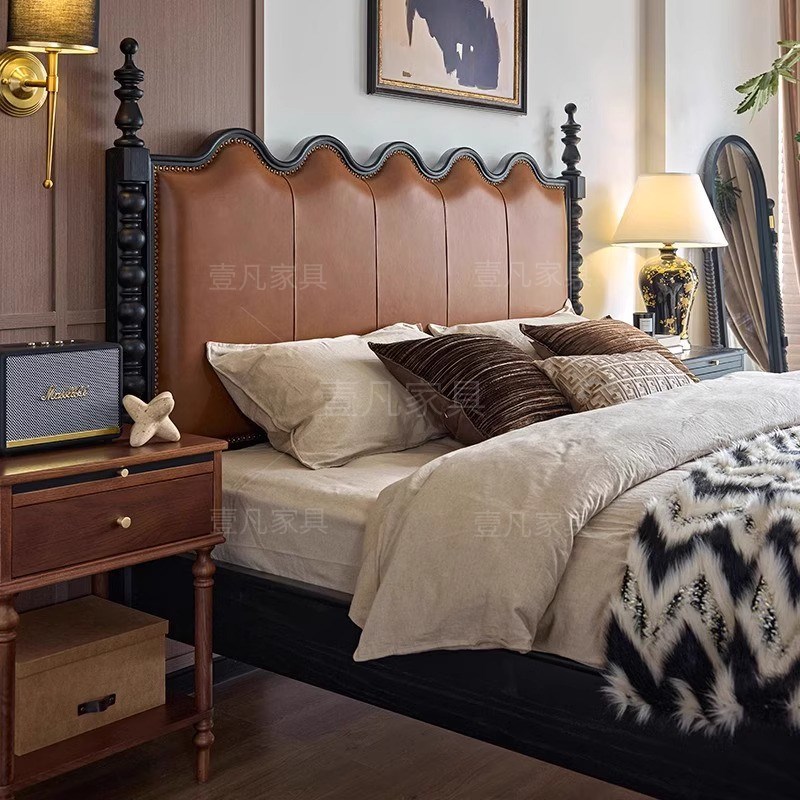 法式复古床双人实木床1.8米软包真皮床主卧L1.5米中古风涟漪储物