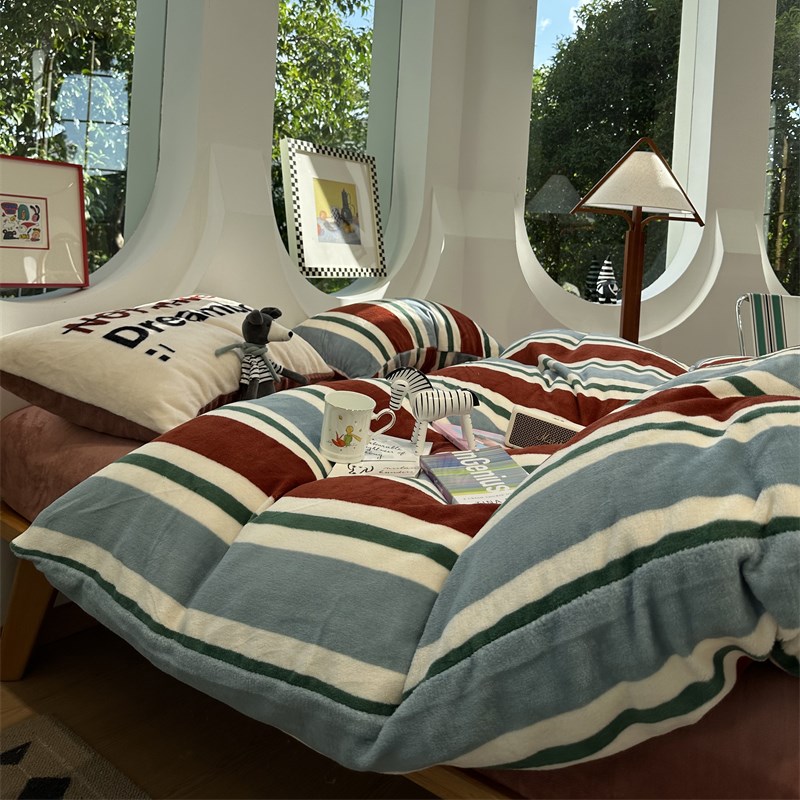 复古风~冬季加厚牛奶绒简约红蓝条纹纹床上四件套珊瑚S绒1.5m1.8