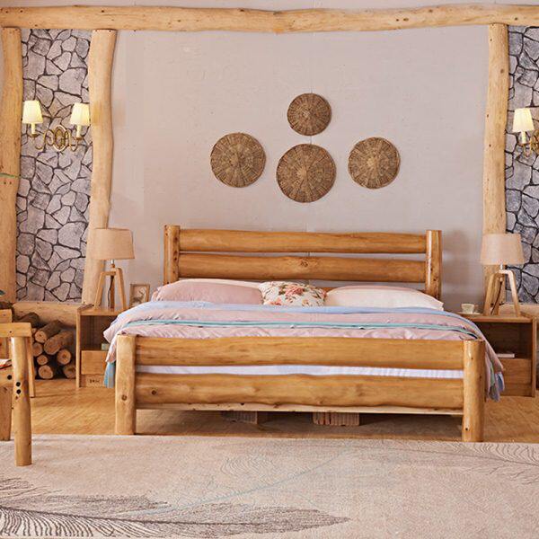 现代中式原木床全实木柏木原生态双人床酒店民宿家具卧室婚床组合