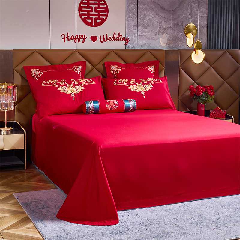 婚庆四件套全棉刺绣结婚纯棉大红色婚房礼绣花床品喜被床上用品