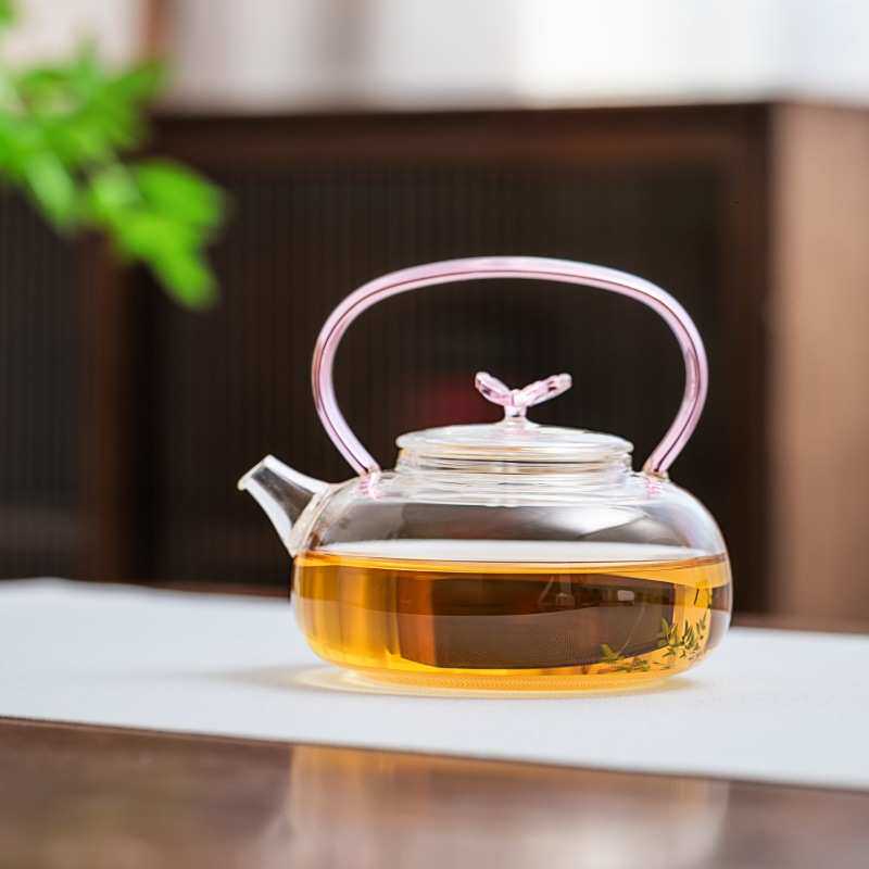新款粉色蝴蝶煮茶壶高硼硅玻璃提梁茶壶家用耐高温泡手冲茶具