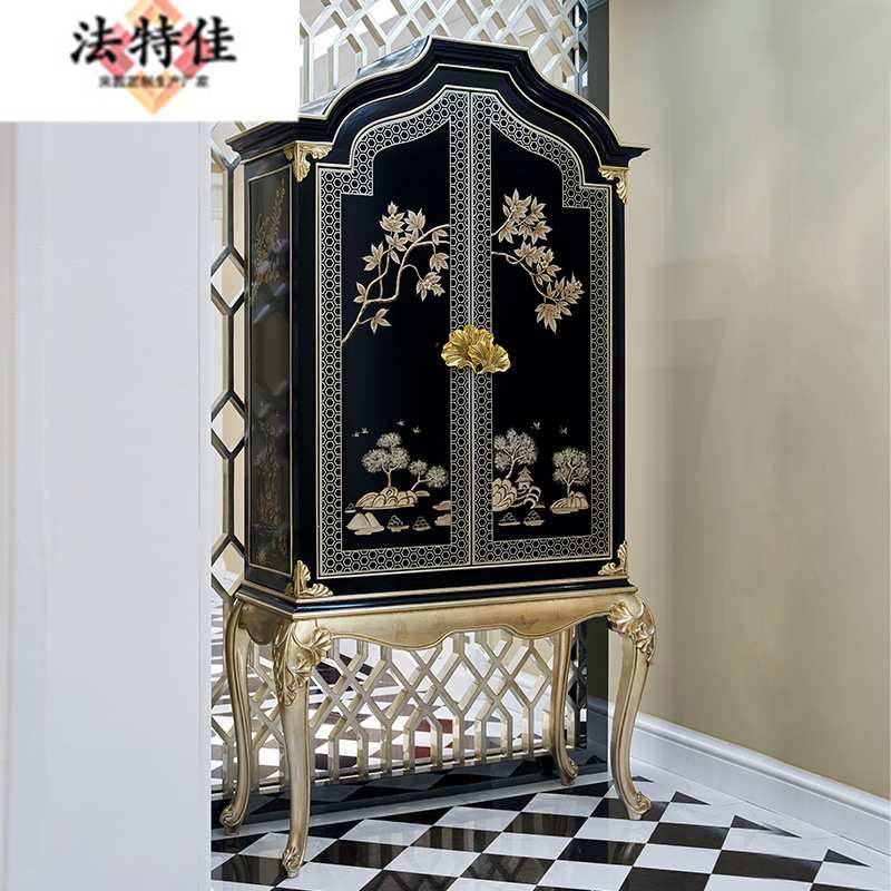 美式实木雕花餐桌复古高档欧式新古典大理石圆形餐桌餐台餐椅组合