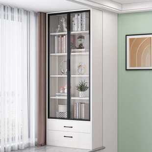 实木书架置物架儿童家用书柜落地阳台飘窗柜子储物柜带玻璃展示柜