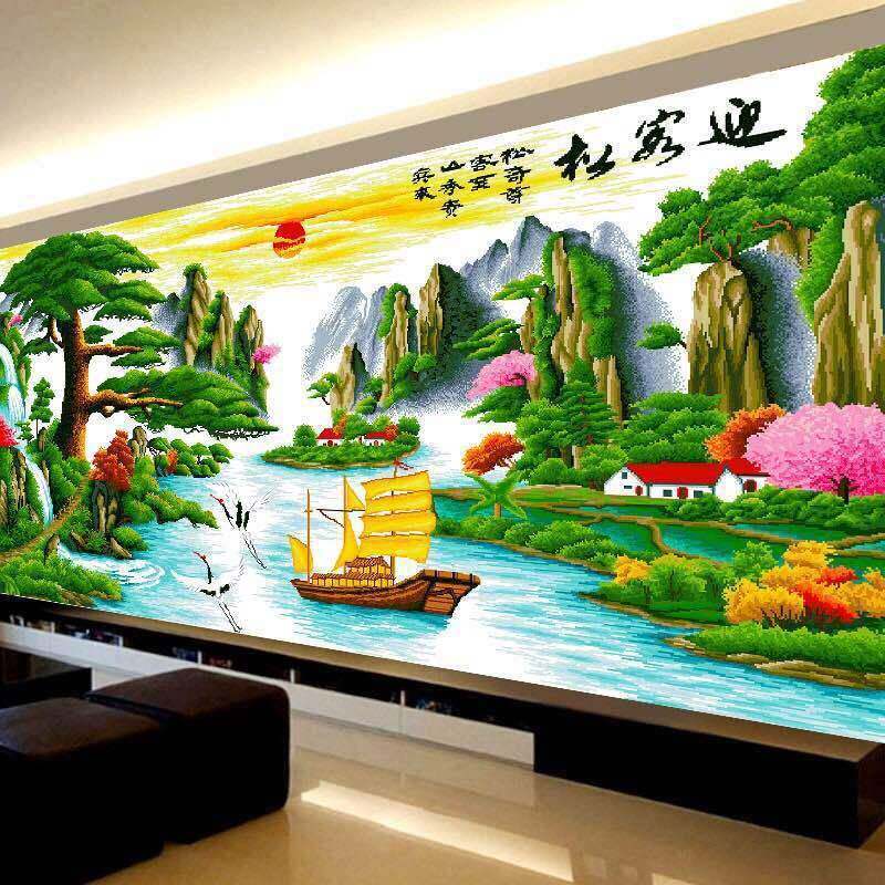 景流水生财迎松财运版钻石juBIUuzR画点客钻十绣新字款客厅风砖秀