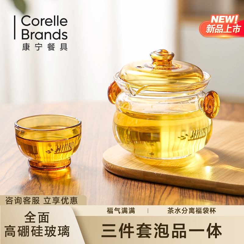 康宁高硼硅全玻璃泡茶杯三件套