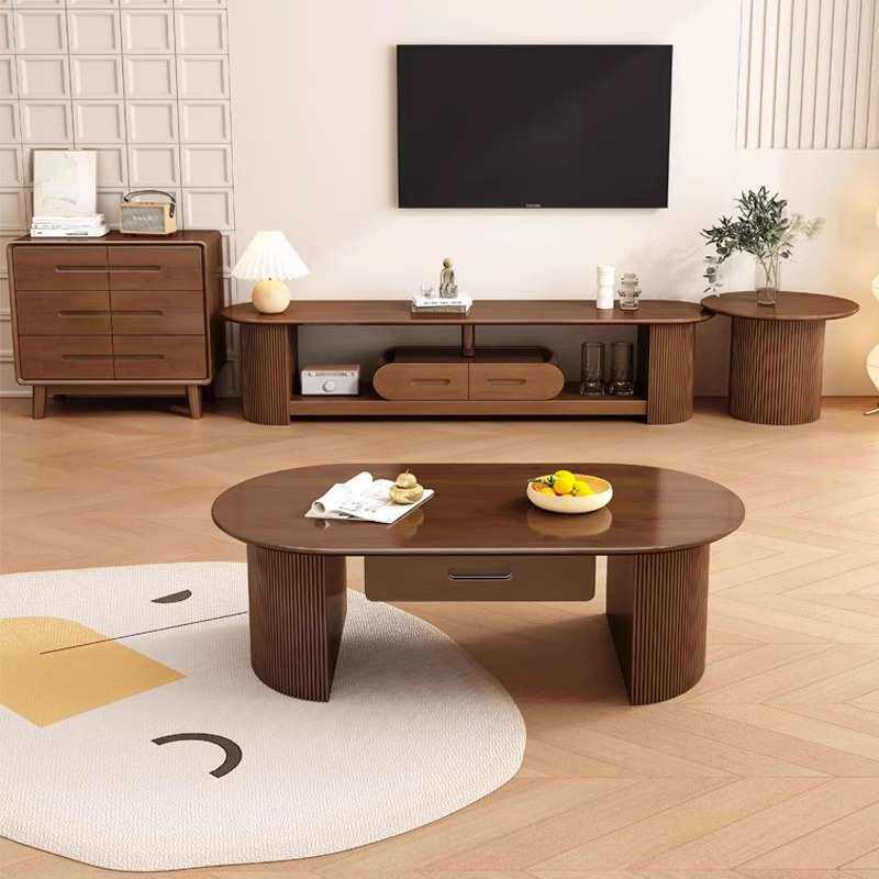 北欧实木电视柜茶几组合套装客厅现代简约小户型圆角原木奶油地柜