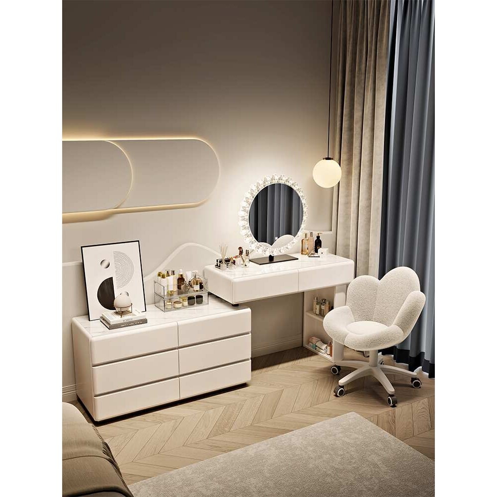 ?水晶镜奶油风主卧化妆桌梳妆台卧室简约现代2025新款收纳斗柜一