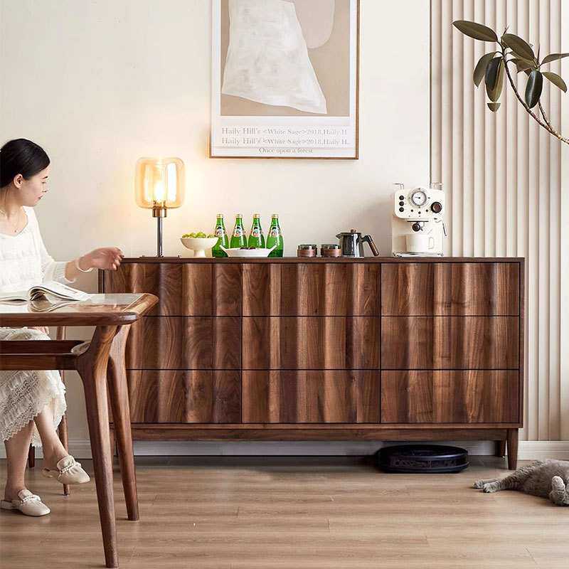 北美黑胡桃木实木斗柜 客厅靠墙六斗柜 简约波纹面收纳储物抽屉柜