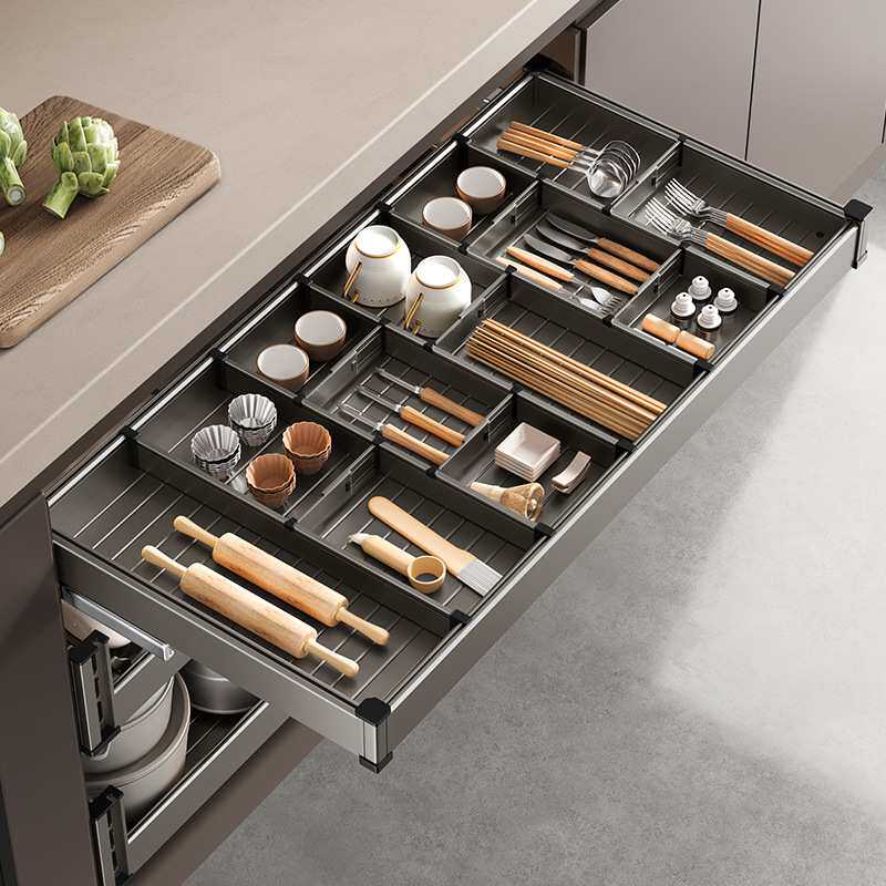 厨房拉篮橱柜抽屉式碗碟篮太空铝加深调味碗篮收纳置物架阻尼导轨
