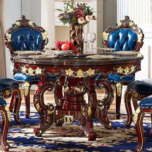 欧式大理石餐桌椅组合新古典红檀全实木雕花带转盘小户型家用圆桌