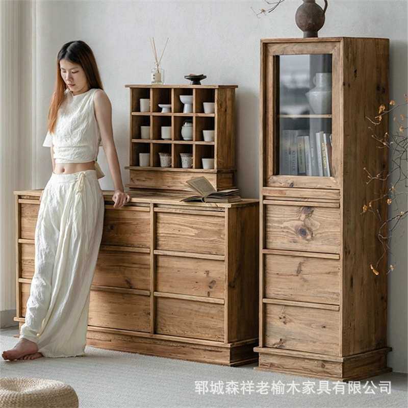 新中式老榆木长方形玻璃斗柜三层抽屉柜榆木书柜卧室储物柜家具