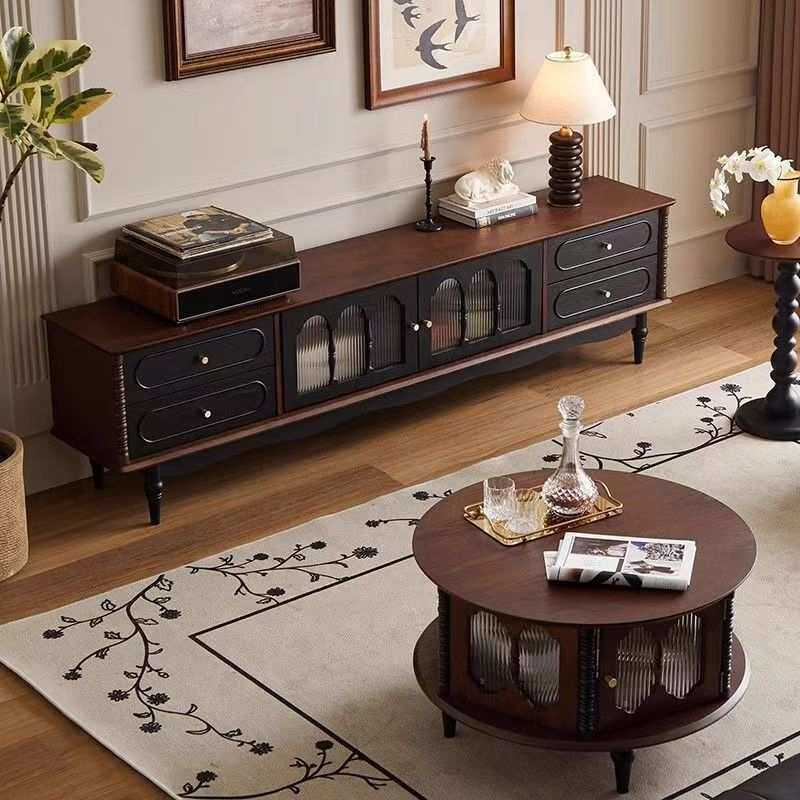 客厅家用落地诺森电视柜法式复古风实木黑色靠墙一体式收纳储物柜