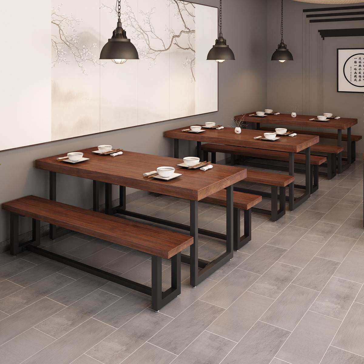 新中式铁艺实木餐桌饭店快餐店长条桌长方形长桌长凳桌椅组合1035