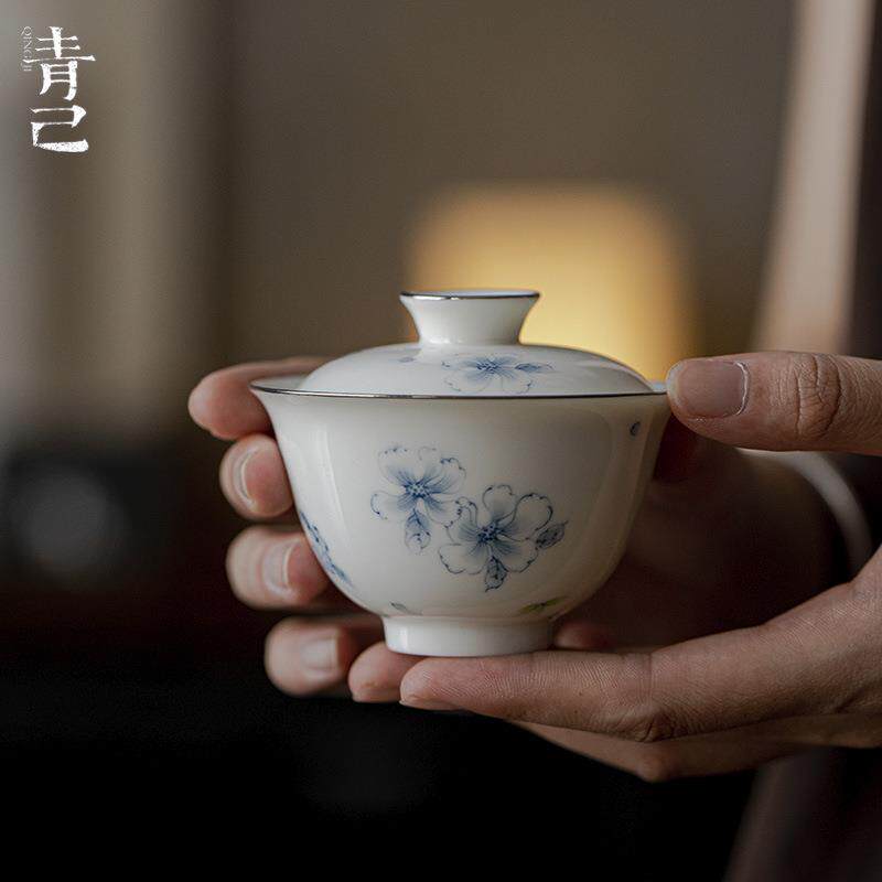 青己 青花手绘蝴蝶陶瓷盖碗 玉泥白瓷釉下彩蝶恋花文人泡茶碗茶具