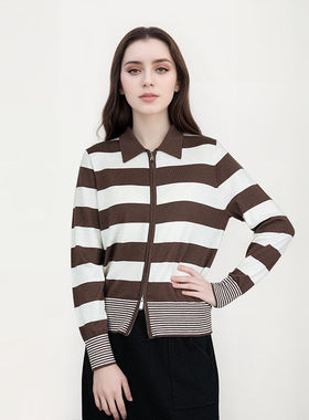 【甜甜粉丝专享】女士精纺100%绵羊毛翻领经典条纹针织开衫TN1901