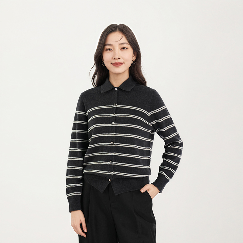 【一一专享】翻领撞色条纹100%绵羊毛开衫外套   TN5735