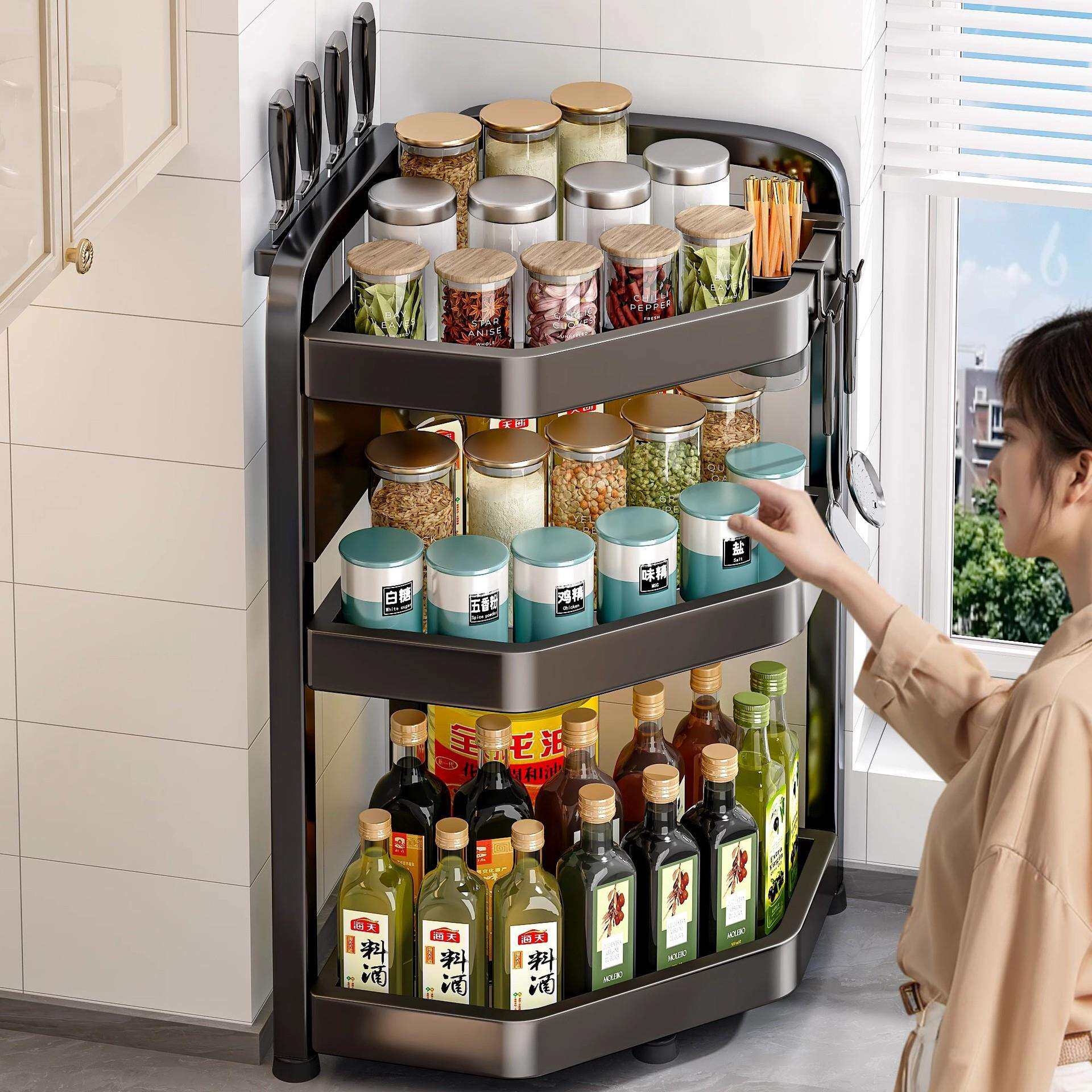 kt厨房置物架调料品架子多功能调味料台面灶台转角多层收纳架振用