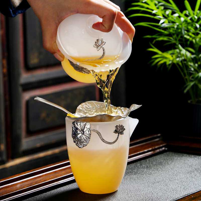 琉璃玉瓷盖碗 鎏银三才杯大茶碗家用大号简约透明功夫泡茶器单个