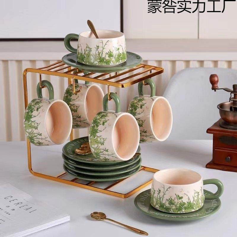 复古陶瓷杯碟带杯架套装中古风油画绿铃兰花咖啡杯碟赫本风下午茶