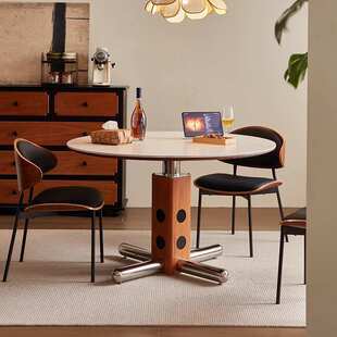 波尔卡圆桌中古风圆桌复古小户型餐桌椅组合圆形洽谈桌餐桌饭桌