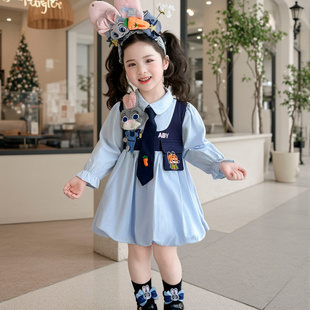 女童连衣裙春季2026新款儿童朱迪兔子警官裙子女宝花荷包公主裙子