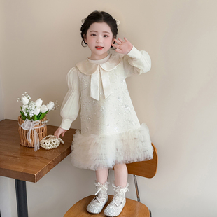 女童连衣裙春季2026新款小香风白色网纱裙蝴蝶结娃娃领生日礼服裙