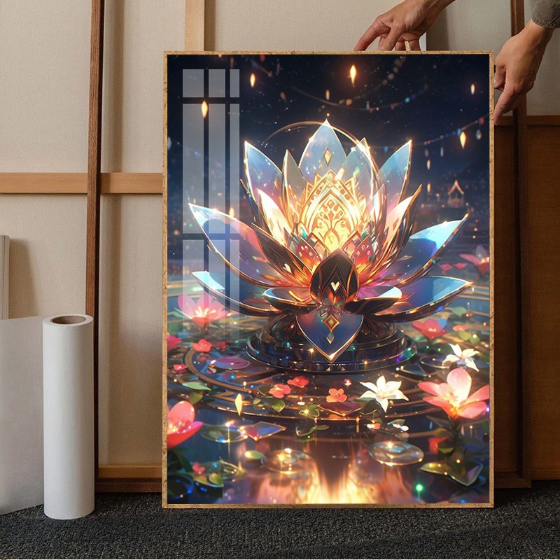 五彩莲花聚福钻石画2025新款轻奢高级感十字绣水钻砖石点贴画带框