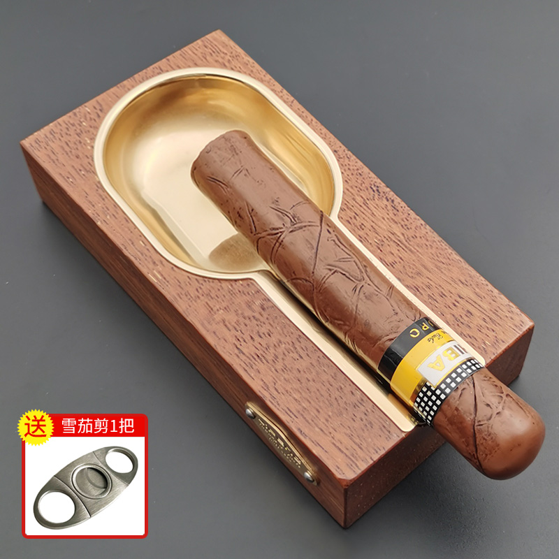 纯铜雪茄烟灰缸实木创意个性大号烟槽灭烟器家用欧式烟盅茶几装饰