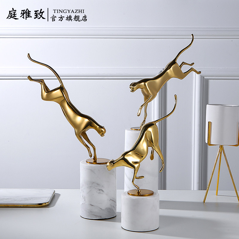 金钱豹子铜摆件大理石底座开业送礼玄关酒柜电视柜轻奢欧式装饰品
