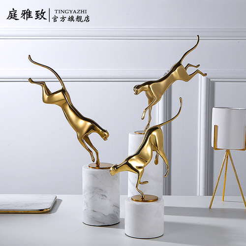金钱豹子铜摆件大理石底座开业送礼玄关酒柜电视柜轻奢欧式装饰品