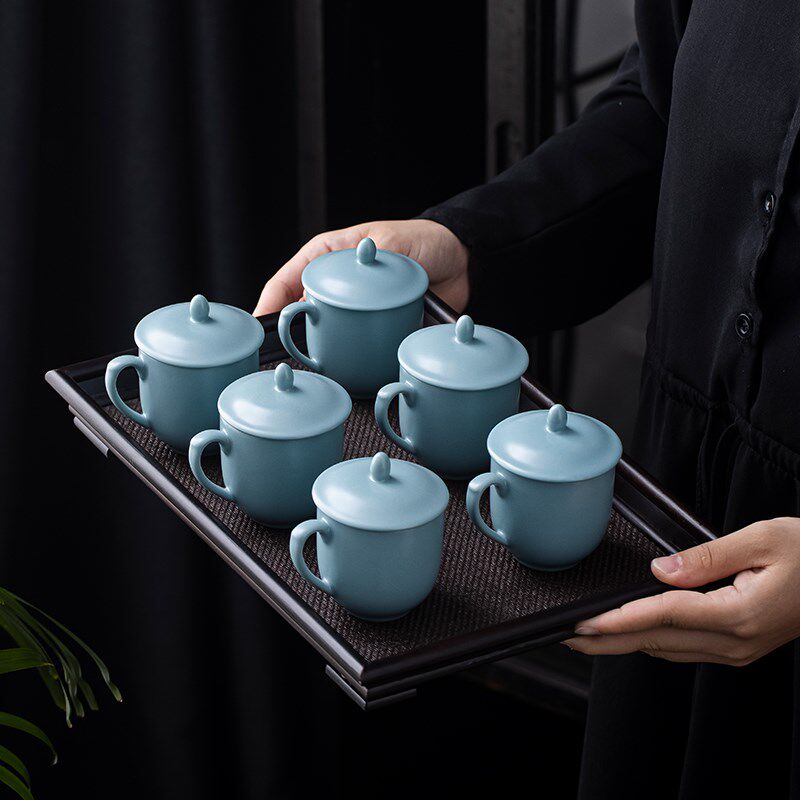 宁不凡小号汝窑茶杯杯子带把防烫冰裂釉开片可养蝉翼纹中式茶杯