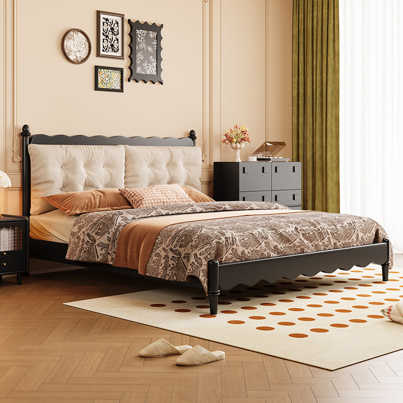 中古风实木床颂可饼干床主卧双人床1.8M黑色法式复古风高箱储物床