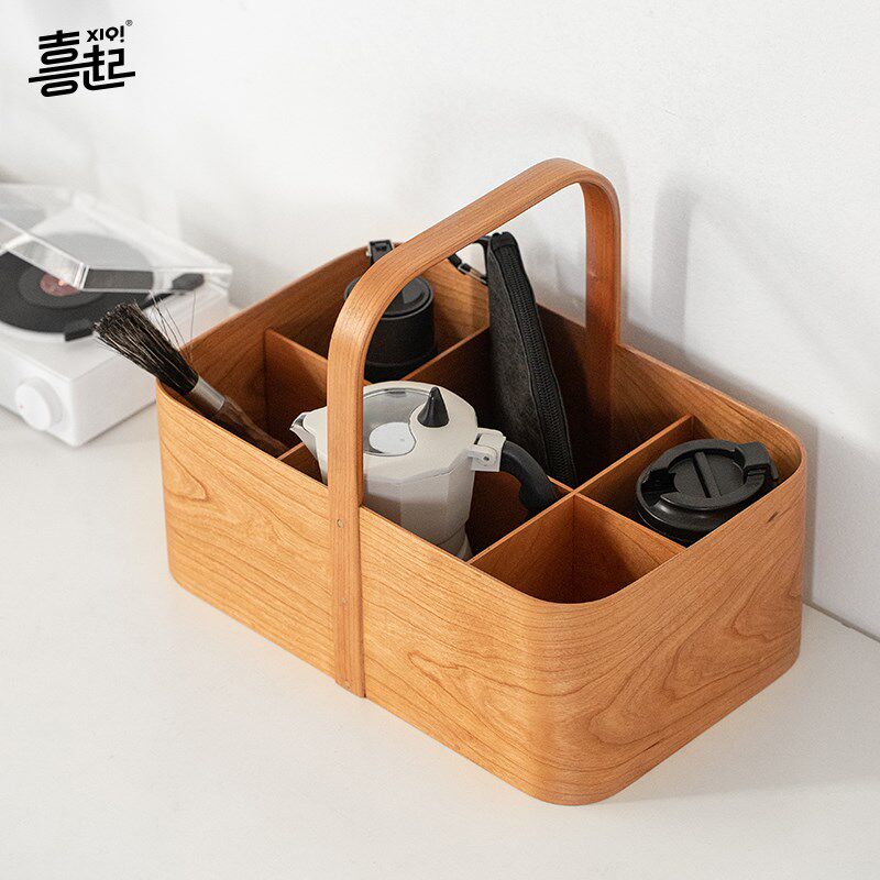 实木手提收纳篮提盒 水果杂物化妆品工具露营户外便携茶具收纳盒