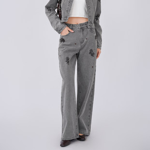 蜜澳牛仔裤2026春季直筒裤高腰显瘦小众百搭烫钻图案裤子女