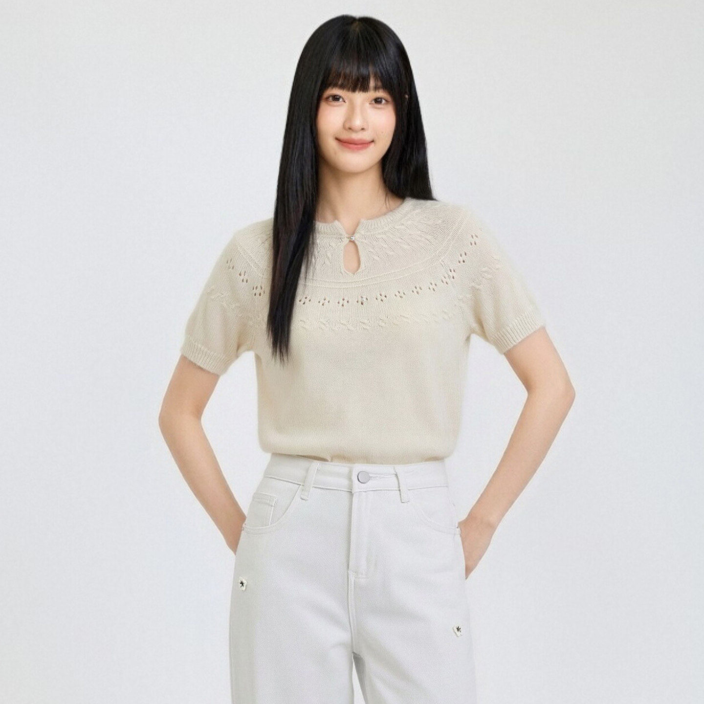 蜜澳秋装一粒扣短袖针织衫女