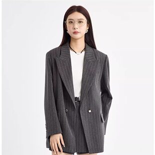 蜜澳2026春装休闲长袖条纹双排扣西装外套通勤风商务女装